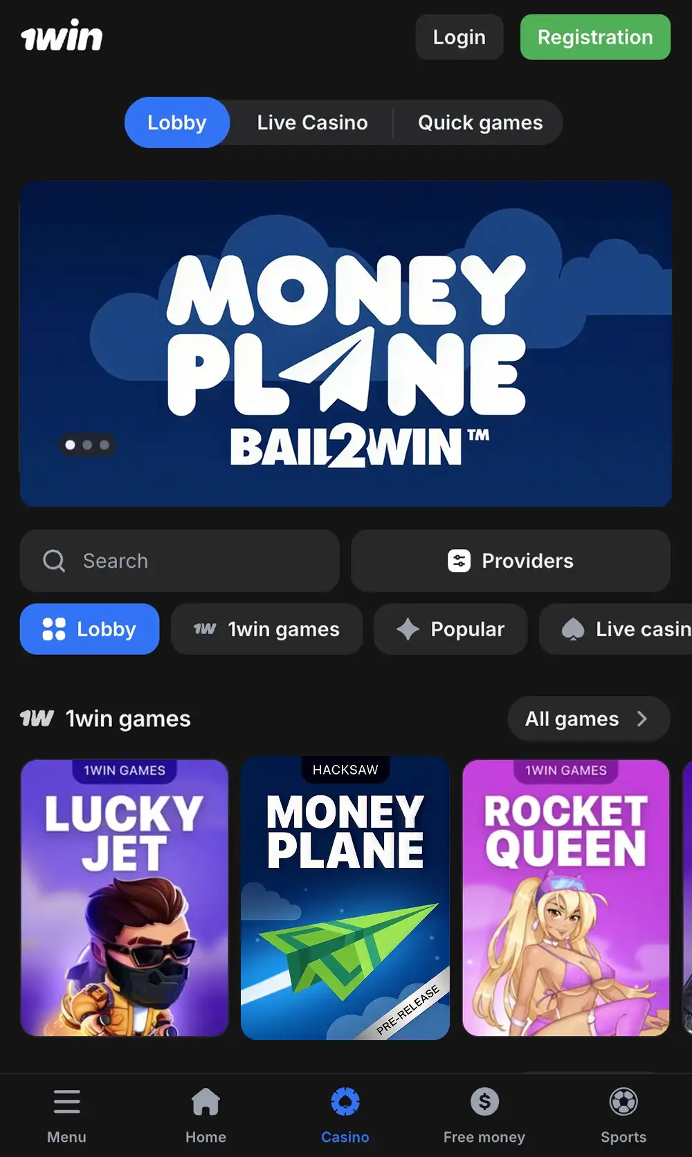 The 1Win mobile casino lobby with a Moneyplane Bail2Win banner and the Hacksaw Gaming tile marked pre-release
