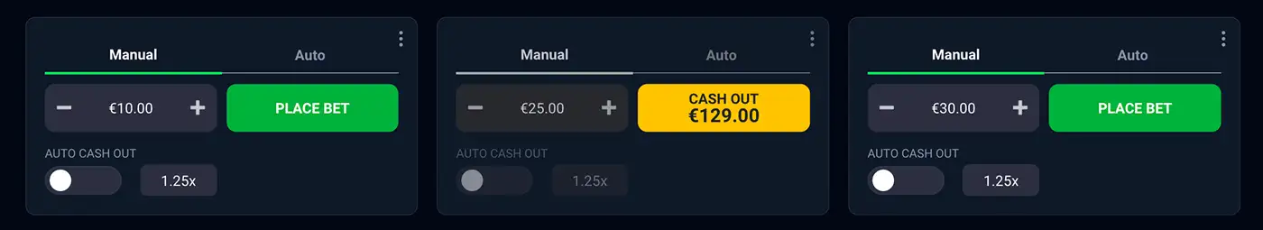 An in-game view of the 3 bet panels in Moneyplane by Hacksaw Gaming