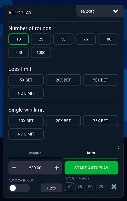 Moneyplane autoplay settings opened to show the full options