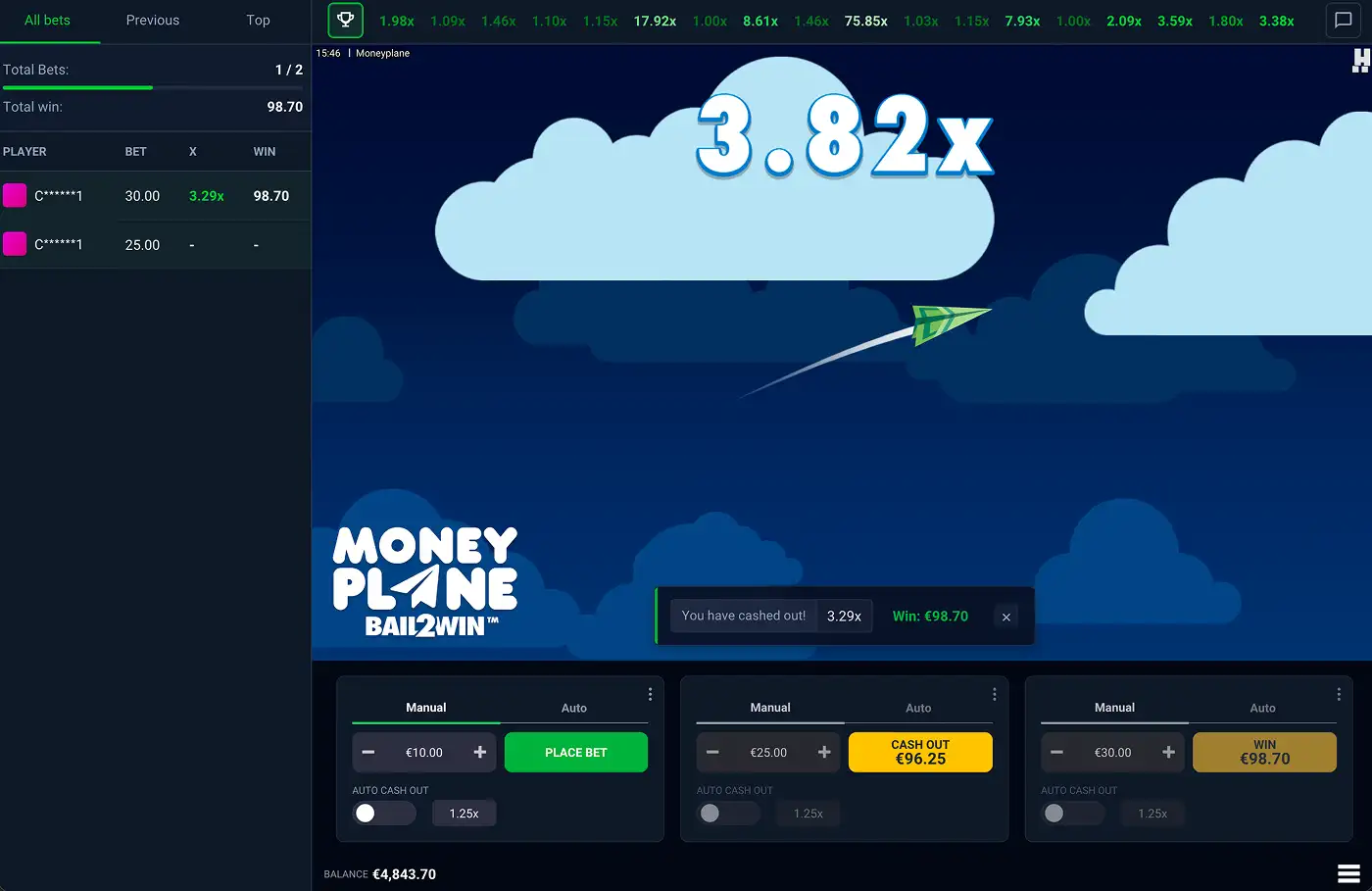 Moneyplane by Hacksaw Gaming showing a successful bet cashed out